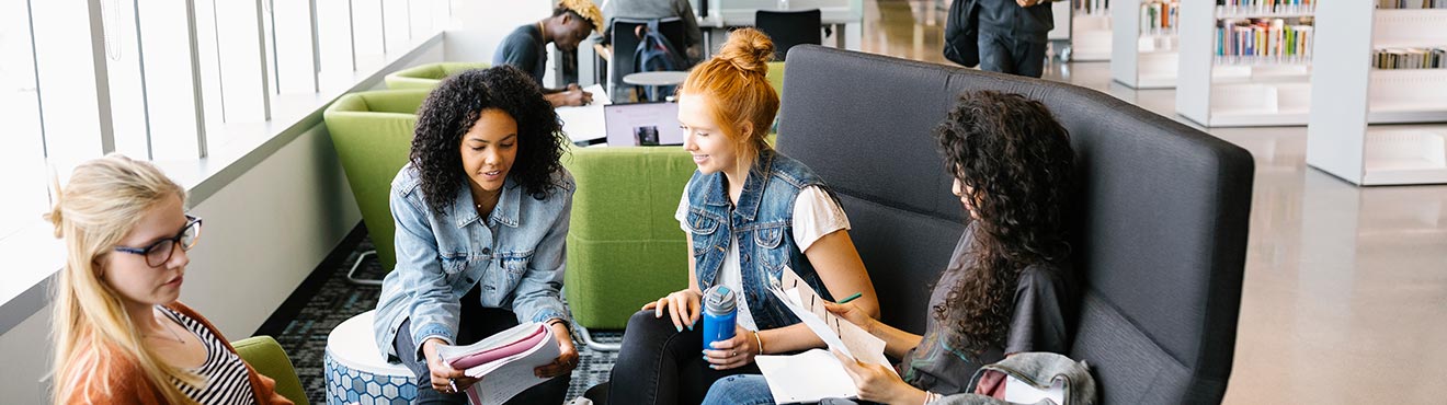 A diverse group of students studying in the Riddell Library and Learning centre.