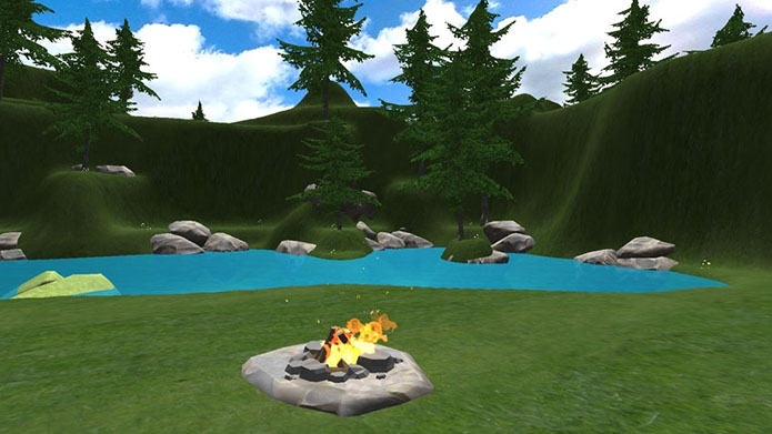 A virtual reality setting of a campfire near a pond in a forest.