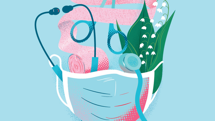 Illustration of a face mask, a stethoscope, flowers, bandages and surgical scissors.
