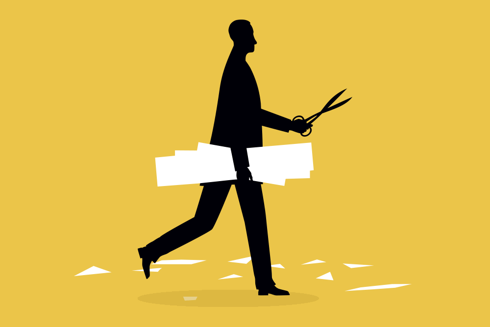 An illustration of a man walking with scissors. There are several strips of paper under his arm and little bits of paper at his feet.