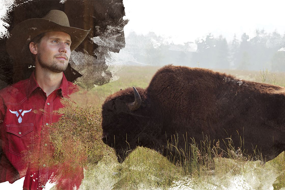 A photo of a bison overlays a photo of a cowboy