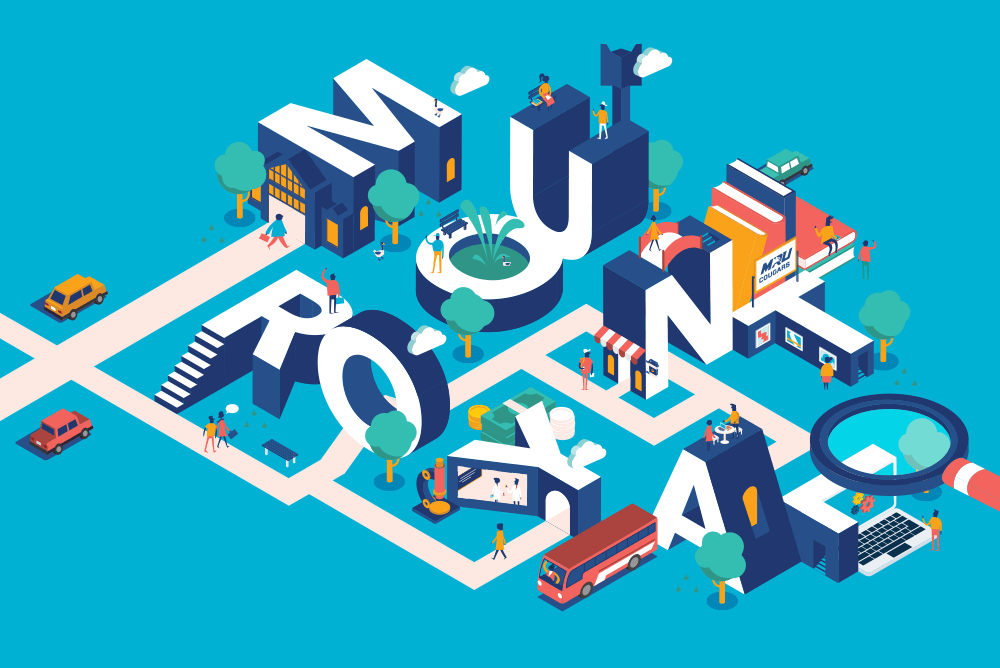 An elaborate isometric illustration of the letters 'Mount Royal' illustrated to look like pieces of the Mount Royal campus including people, geese, water features and a variety of oversized objects.