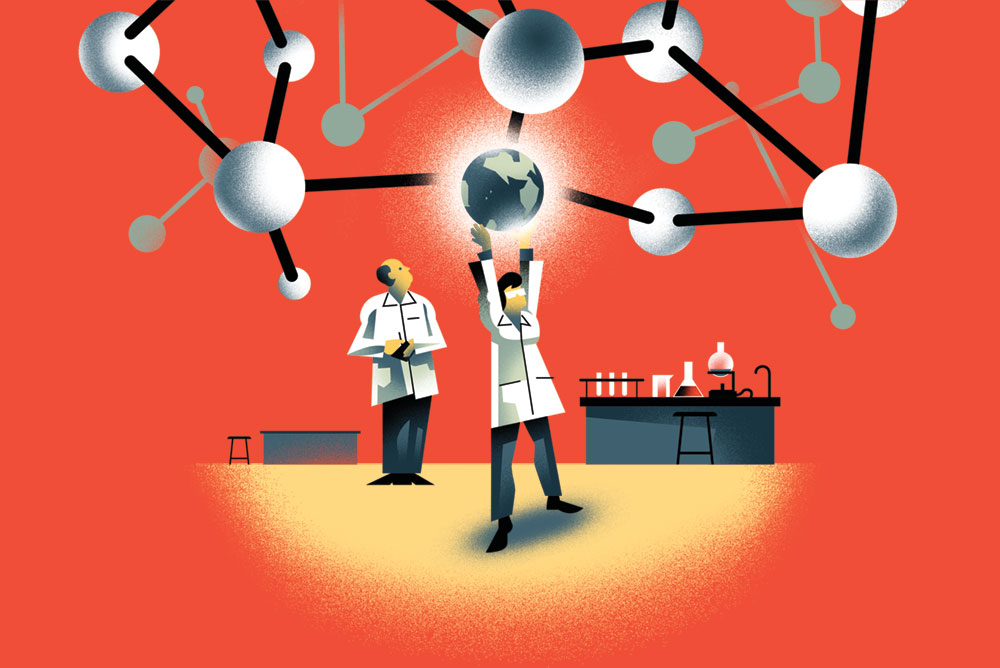 An illustration of a scientist holding up a globe. The globe is part of a chemical model.