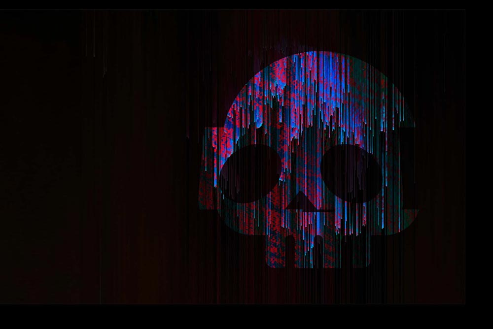 A skull filled with glitchy static on a dark background.