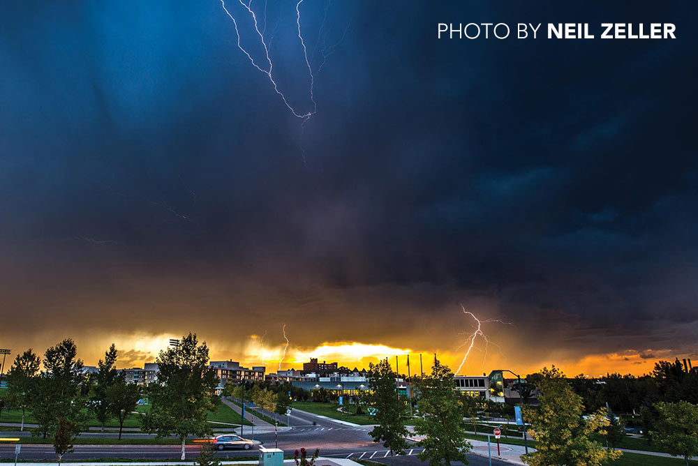 Lightning strikes over Mount Royals campus.