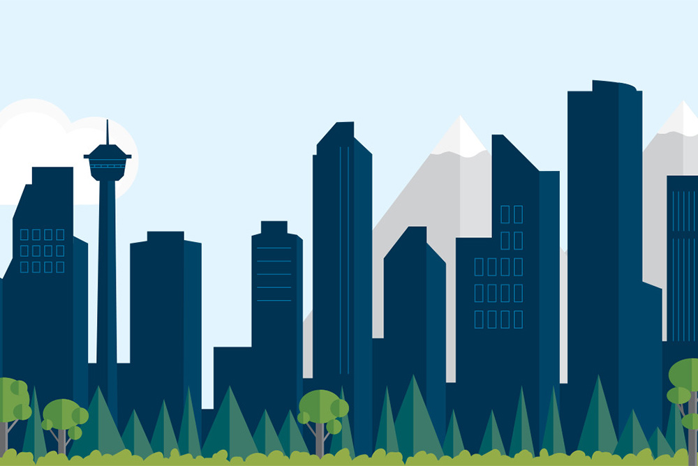 An cartoony illustration of Calgary's skyline.