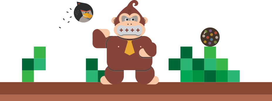 A stylized depiction of the video game character Donkey Kong and an Angry Bird in a Minecraft style background with items from Candy Crush