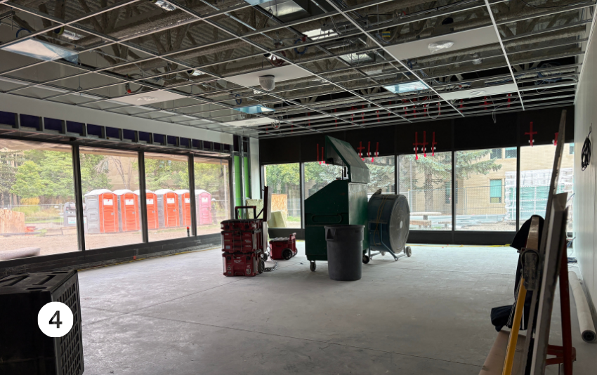 Work progresses in a Group Room overlooking the T-wing courtyard. 