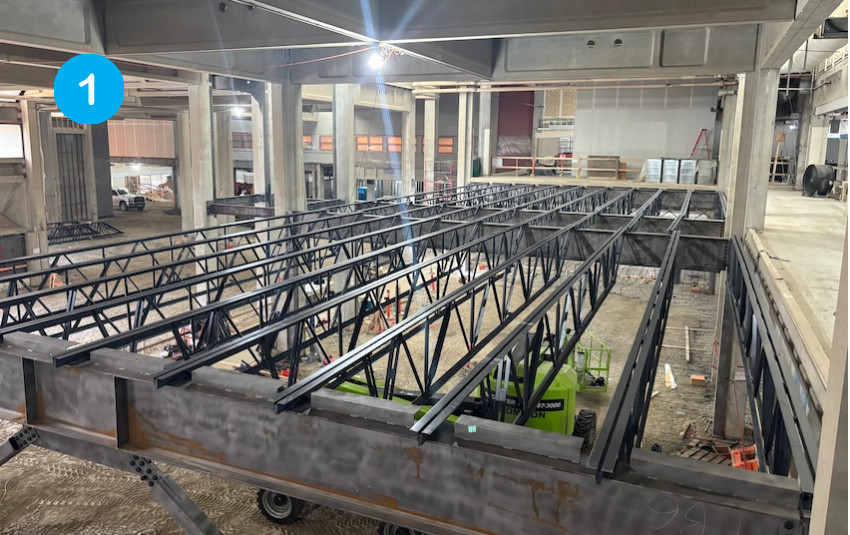 Structural steel beams provide the foundation for the floor of two new classrooms on Level 2.