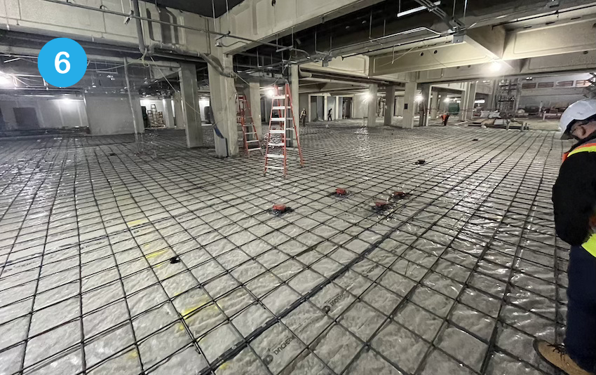 On Level 1, rebar is installed prior to the cement being poured. These steel rods reinforce the concrete, increasing its strength.