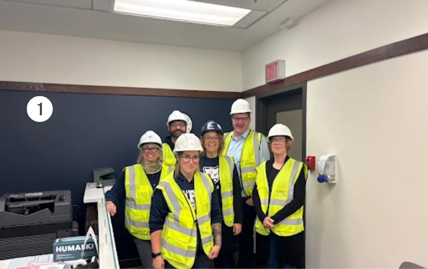 Photo 1 shows team from Students division in hard hats. 