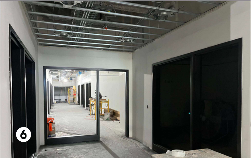 On Level 1, glazing, interior finishes and door frame work continued in July. 