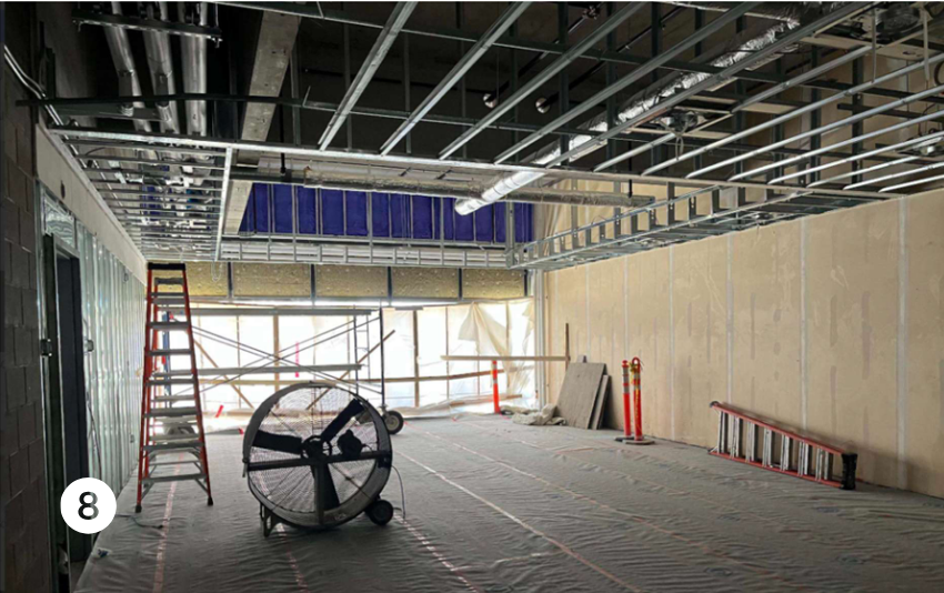 In July, work continued on the area by the elevator on Level 2 of the Avenue, including installation of floor tiles and the ceiling system. 