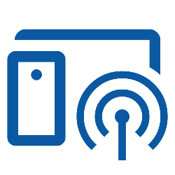 Icon of a computer, cell phone and broadcast signal.