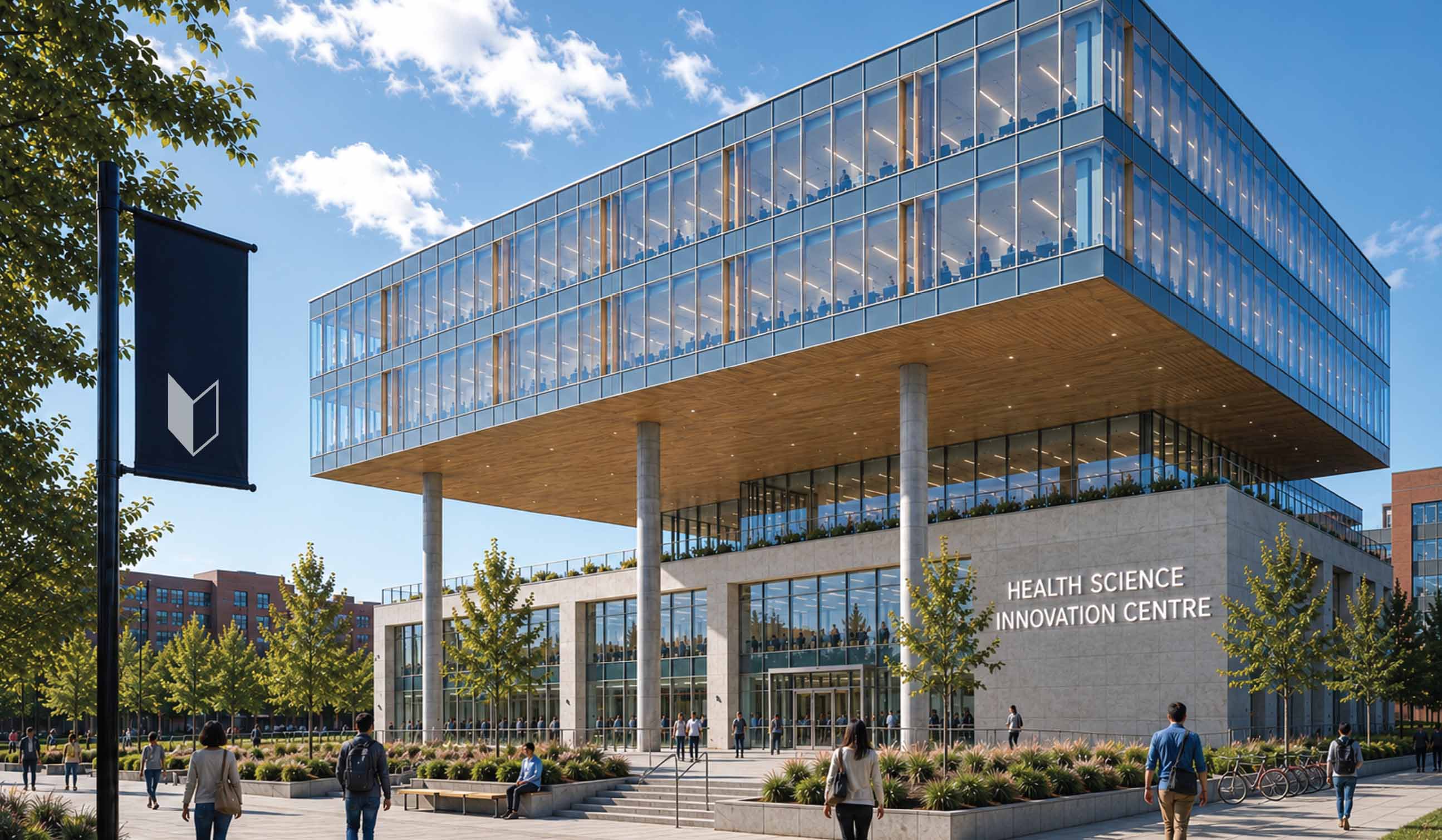 Rendering of a multi-tiered, modern-looking glass, wood and stone building surrounded by planters, trees and people walking by.