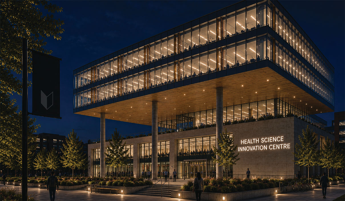 Rendering of a concept for the Health Science Innovation Centre at night. A many-tiered glass, stone and wood building surrounded by planters.