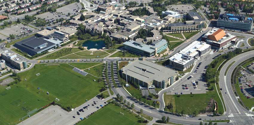 An aerial photo of the Mount Royal University campus.