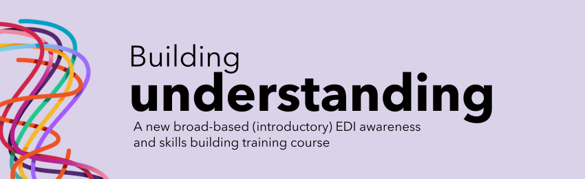 Light purple banner with rainbow coloured lines on the bottom left-hand of the image. Copy reads Building Understanding: A new broad-based (introductory) EDI awareness and skills building training course