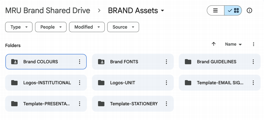 Screenshot of the Brand Assets folder in the MRU Brand Shared Drive