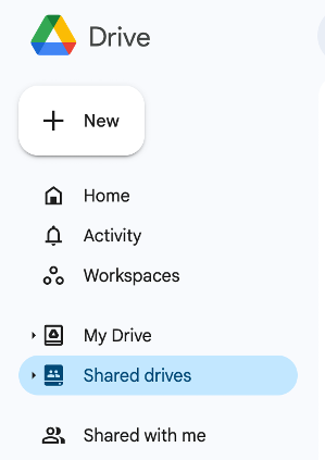 Screenshot of Google Drive with the location of Shared Drives in the left-hand navigation highlighted.