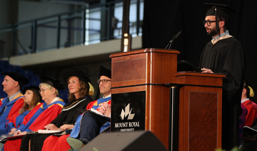 Bachelor of Business Administration — Supply Chain Management alumnus Adam Abou-Dehn also addressed the new alumni.