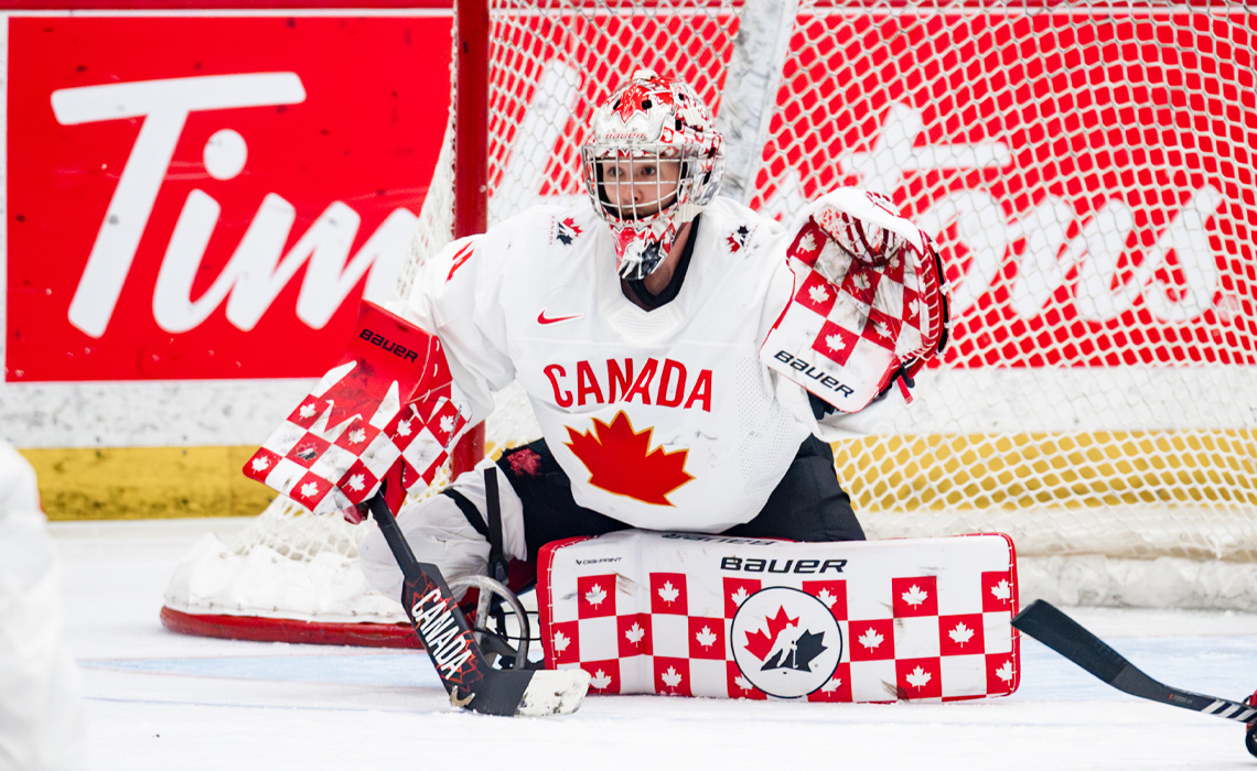 Para-hockey goalie Adam Kingsmill of Team Canada defends the net.