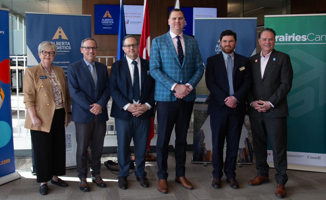 From left to right (inside pic) Kelly Williams-Whitt, Dean of the Faculty of Business, Communication and Aviation, Chad London, Provost and Vice-President, Academic of MRU, Tom McCaffret, Executive Director of the Alberta Logistics Centre of Excellence, Joseph Schow, Minister of Jobs, Economy, Trade and Immigration, Nathaniel Schmidt, Ward 8 Councillor and Deputy Mayor, and Brad Parry, President and Chief Executive Officer of Calgary Economic Development.