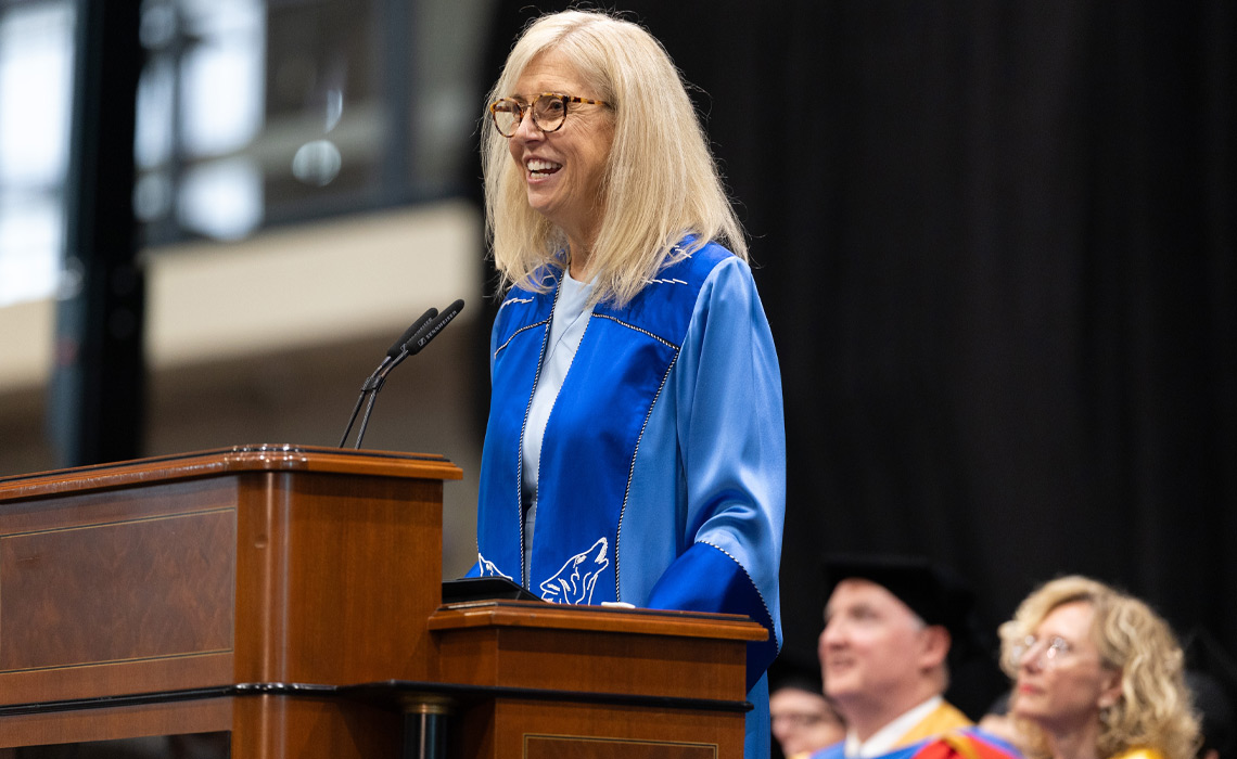 Strom’s address to graduates began by her saying she “deeply believes” in the values of transformation, belonging, boldness, inquisitiveness and authenticity.