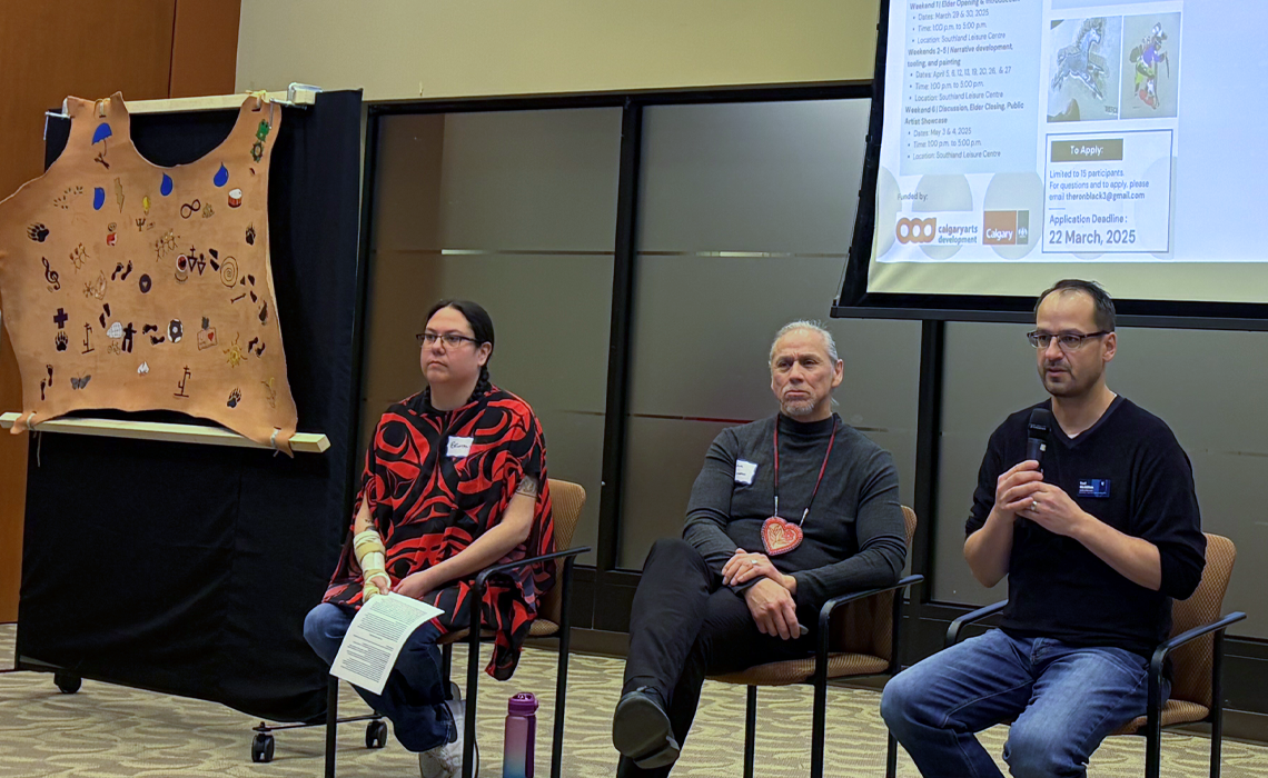 Brittany Ettagiak, child and youth care studies student, Dion Simon, MRU’s Medicine Trail coordinator and the Iniskim Centre’s director Tory McMillan present at Arts Care 2026.