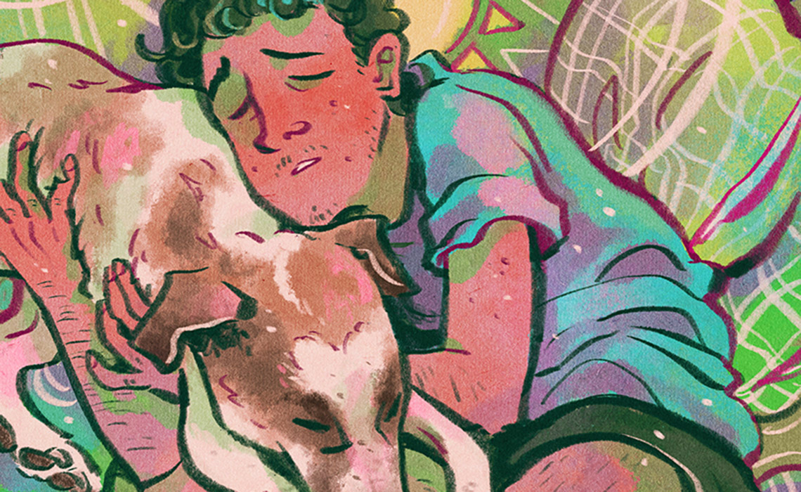 Alex Assan embraces a dog in a vibrant, colorful painting, showcasing warmth and affection between them.