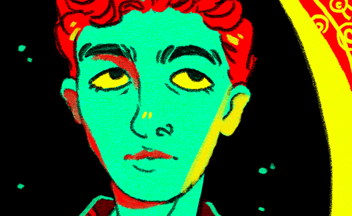 Cartoon of Alex Assan with red hair and green eyes, smiling and wearing a casual shirt.