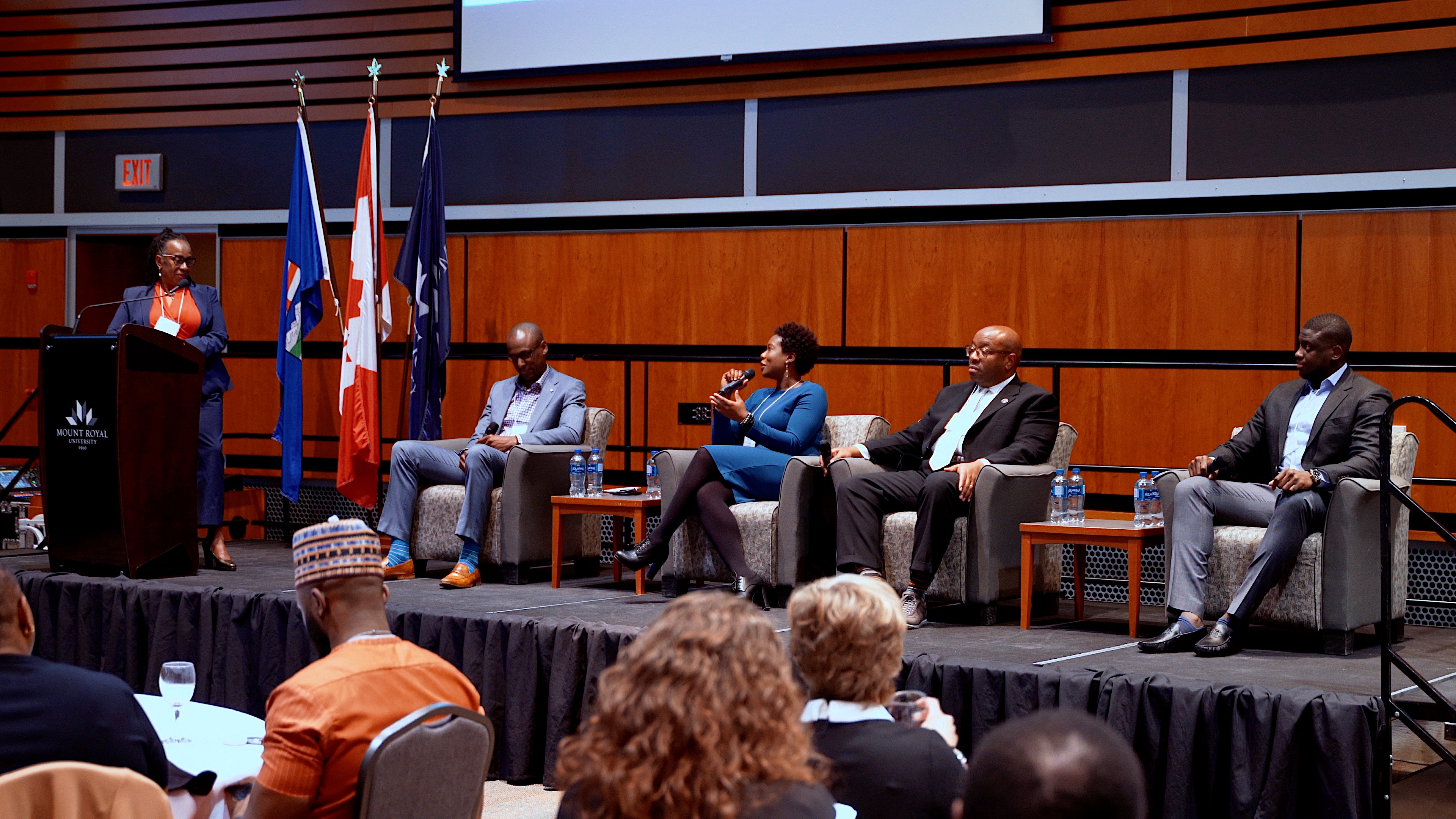 Assistant Professor Marva Ferguson, PhD, moderated the first panel with Kene Ilochonwu, bencher, Law Society of Alberta; Chi iliya-Ndule, corporate commercial lawyer, Blake, Cassels and Graydon LLP; Dennis Lee Banks, senior vice-president, operations services, Suncor; and Samuel Adeyemi, vice-president business, banking at BMO Financial Group.