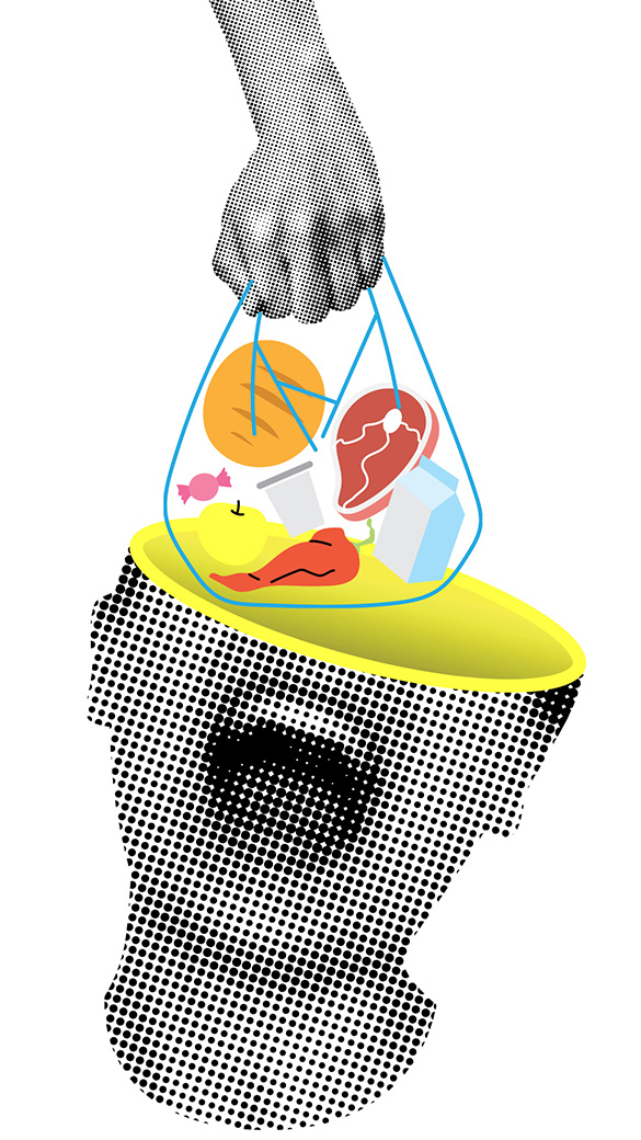 A hand with a food bag positioned near a head featuring a face.