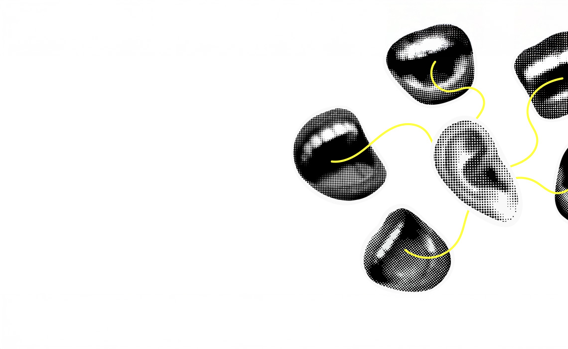 A collection of black and white mouths featuring distinct yellow lines across their surfaces.