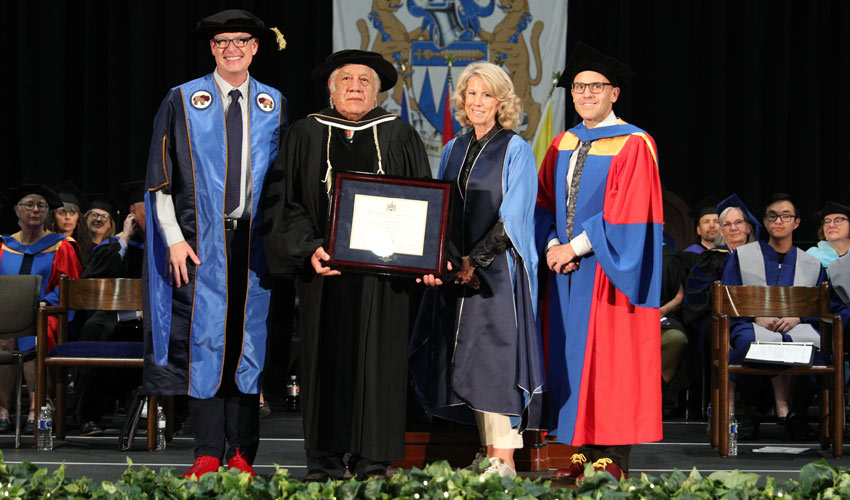 Mount Royal University bestowed an Honorary Doctor of Laws on Bruce Starlight (Dit'oni Didlishi — Spotted Eagle).