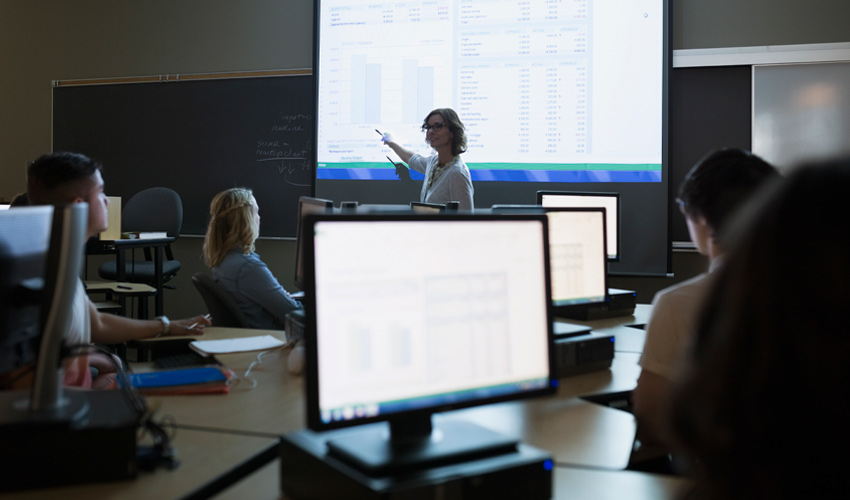 A professor teaching a class at Mount Royal University.