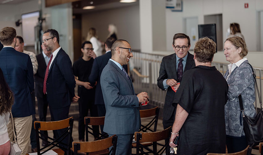 From left to right: Elizabeth Evans (MRU interim provost), Naavneet Aulakh (MRU business student), Demetrios Nicolaides (Minister of Advanced Education), Brad Parry (CEO and president of Calgary Economic Development), and Pedro Barata (executive director, Future Skills Centre) came together to announce more than $5 million in finding for work-integrated learning opportunities for Calgary students July 7. 