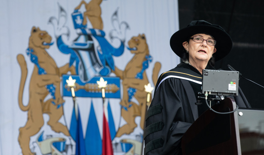 Christine Silverberg addresses Spring 2021 graduates.