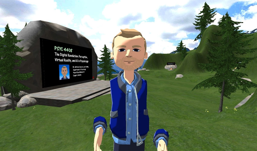 Anthony Chaston in worlds he created for his virtual reality psychology course.