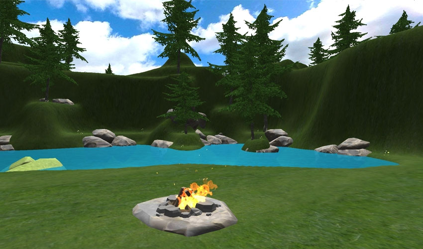 A virtual teaching area in the course featuring a campfire and Rocky Mountain themes.