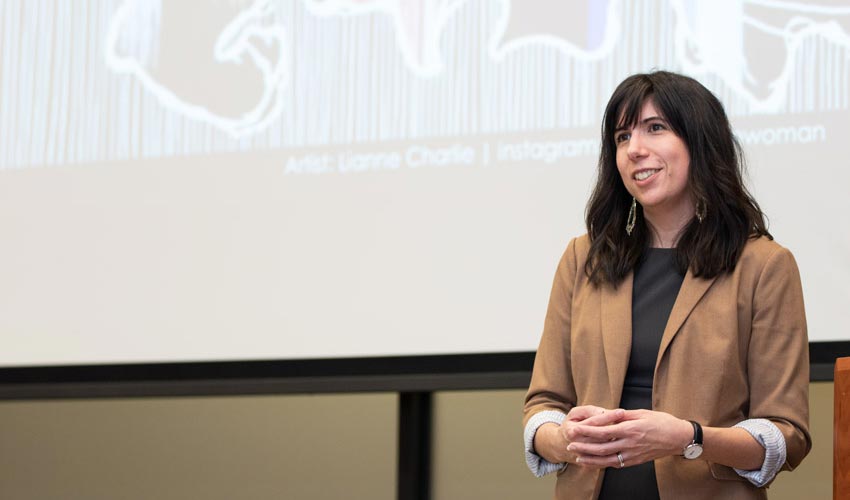Gina Starblanket gives a keynote address at Mount Royal University.