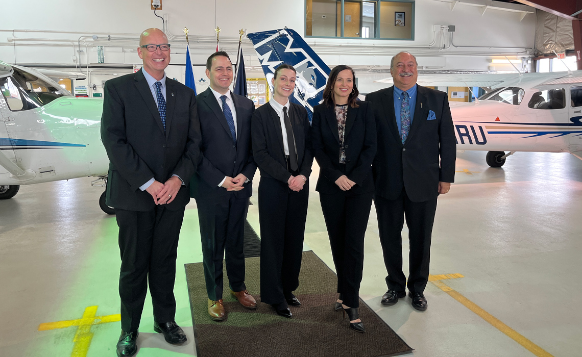 Tim Rahilly, PhD, president and vice-chancellor at MRU, Demitrios Nicolaides, PhD, minister of advanced education, Ashleigh Morrow, second-year MRU aviation student, Jennifer Bue, interim chief financial officer at WestJet Group and Richard Gotfried, MLA for Calgary-Fish Creek.