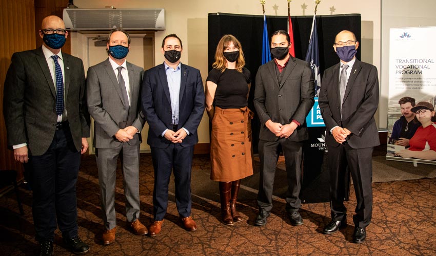 From left, MRU President and Vice-Chancelllor Tim Rahilly, Continuing Education Dean Brad Mahon; Minister of Advanced Education Demetrios Nicolaides; IPSE facilitator Amanda Wilson; student Jory Chan; and Minister of Community and Social Services Jason Luan.