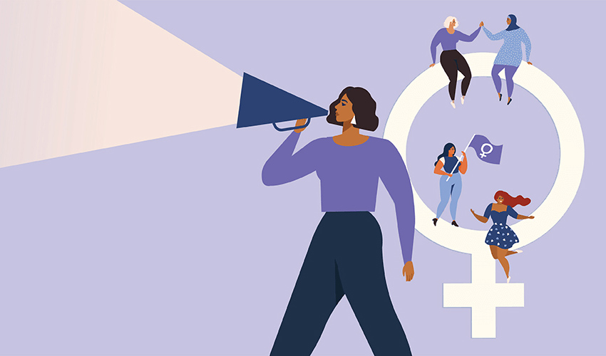 An illustration of a woman speaking into a megaphone.