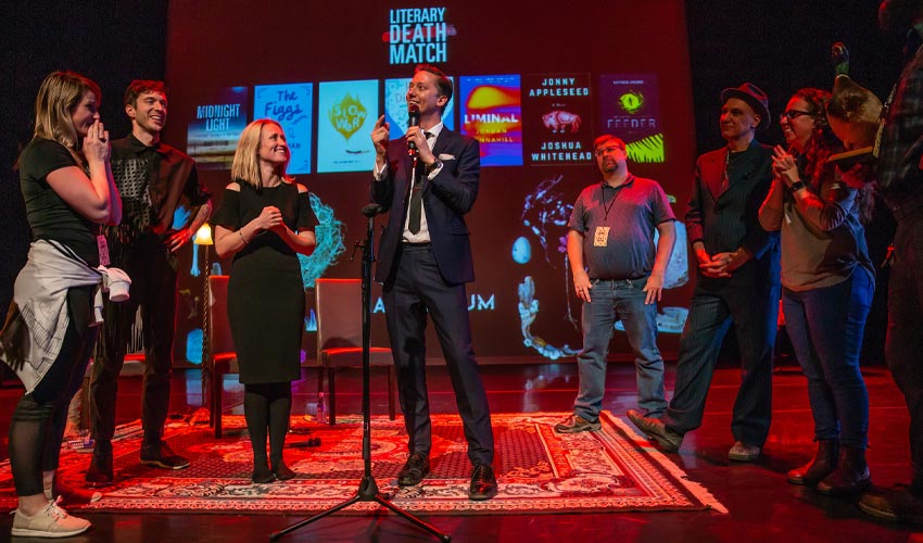 Photo of Wordfest Literary Death Match performance.