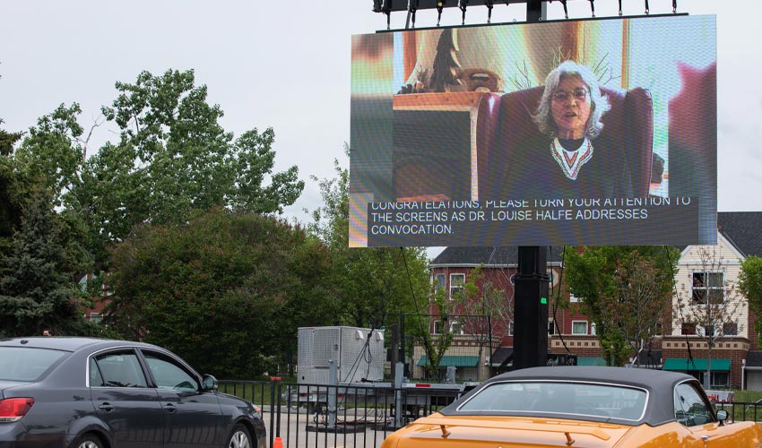 Louise Bernice Halfe (Sky Dancer) addresses Spring 2021 graduates via video.