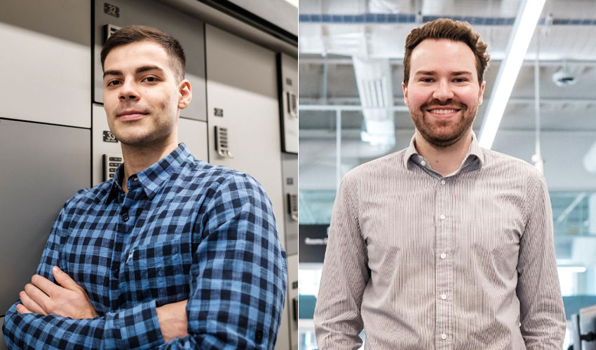 Esthevan Machado and Eric Bennett posing in the Riddell Library and Learning Centre.