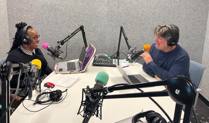 Marva Ferguson, left, and Joe Pavelka, recording a podcast episode.