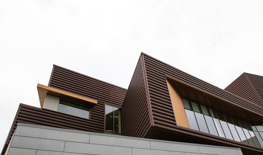 A detailed view of the unique architecture of the Taylor Centre for the Performing Arts.