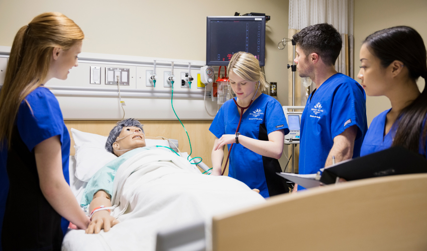 Photo of Mount Royal Nursing students during scenario training.